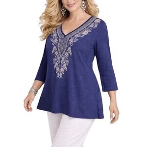 J. JILL Navy Embroidered Vneck Cotton Modal Slub Tunic Top MEDIUM PETITE Boho